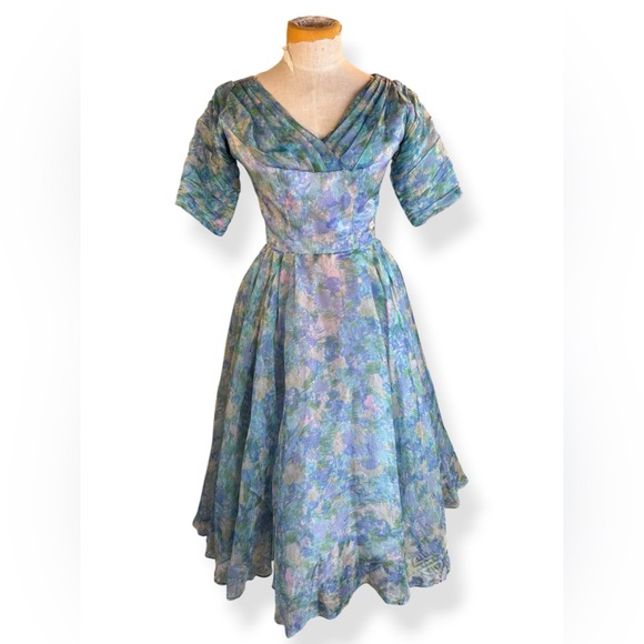 1950s Vintage Blue Floral Chiffon Dress XS - Picture 1 of 8